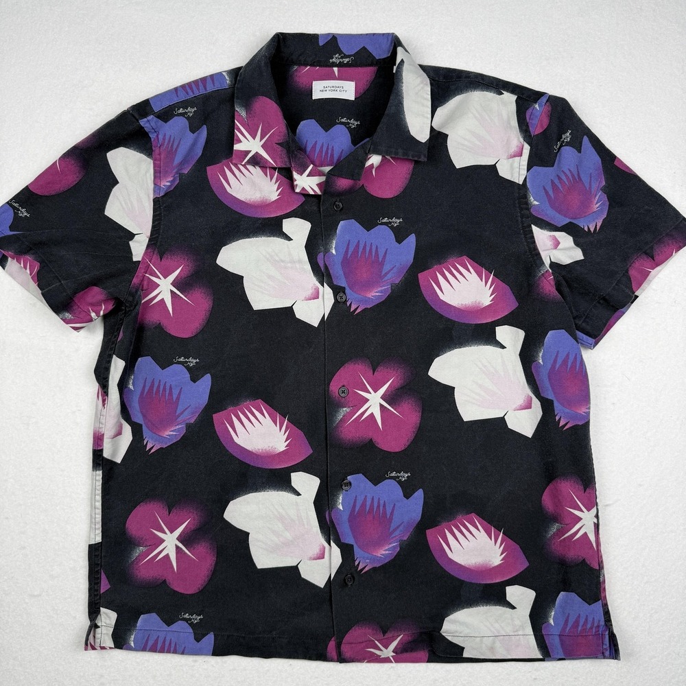 Saturdays New York City Shirt Mens Large Black Hawaiian Floral Button Up